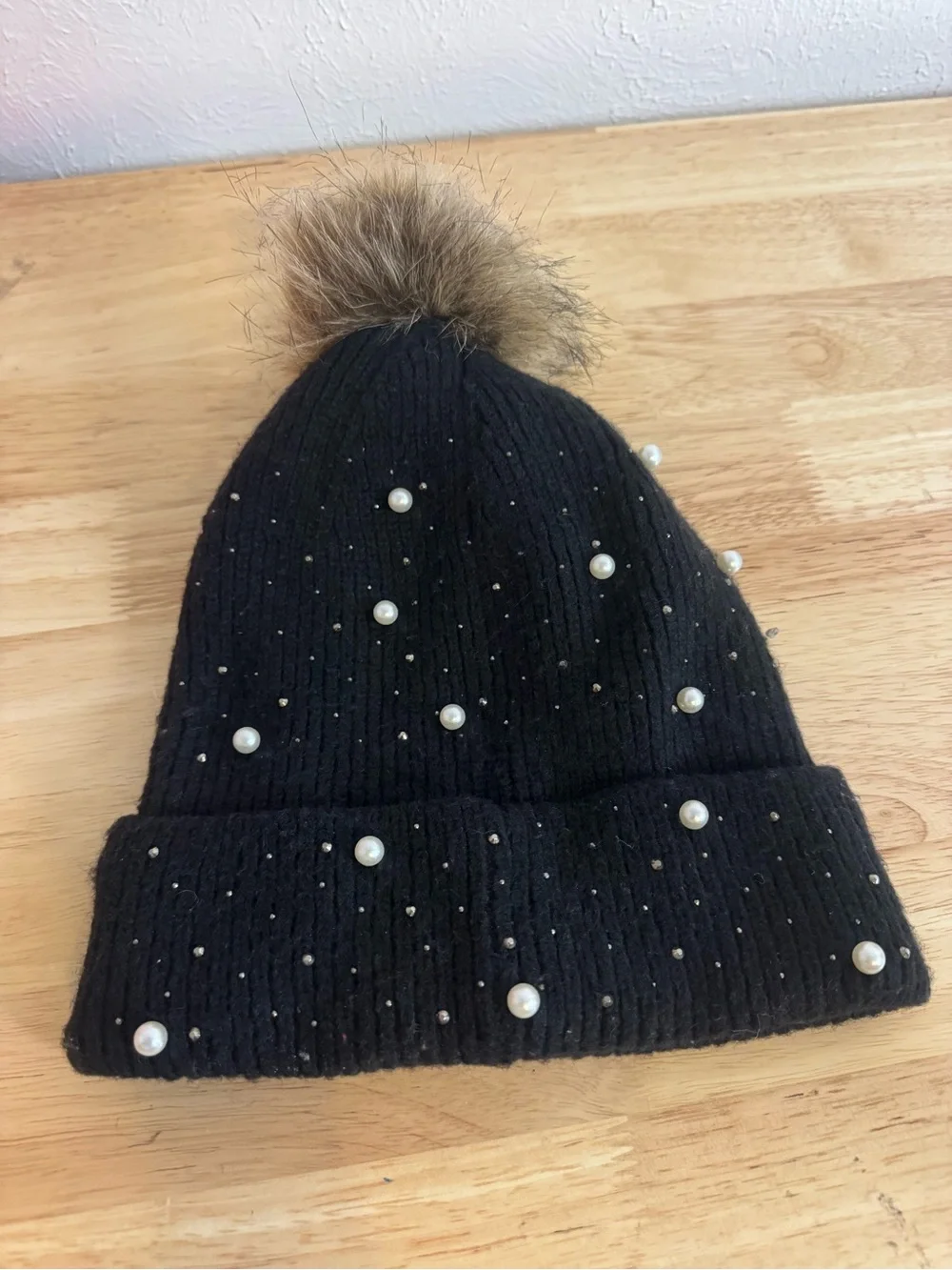 Lucky Brand Cute Girly Black and Pearls Puff Beanie